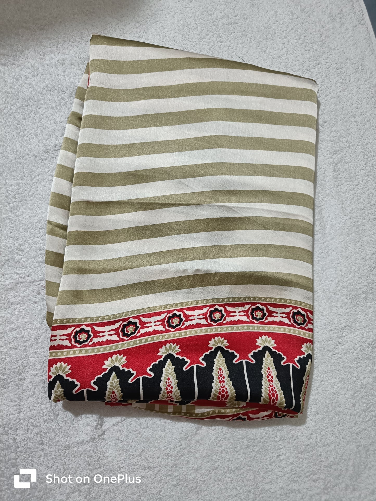 SOFT SEMI GAJJI RED SILK SAREE WITH AJRAKH PALLU, STRIPED BODY & AJRAKH BORDERS