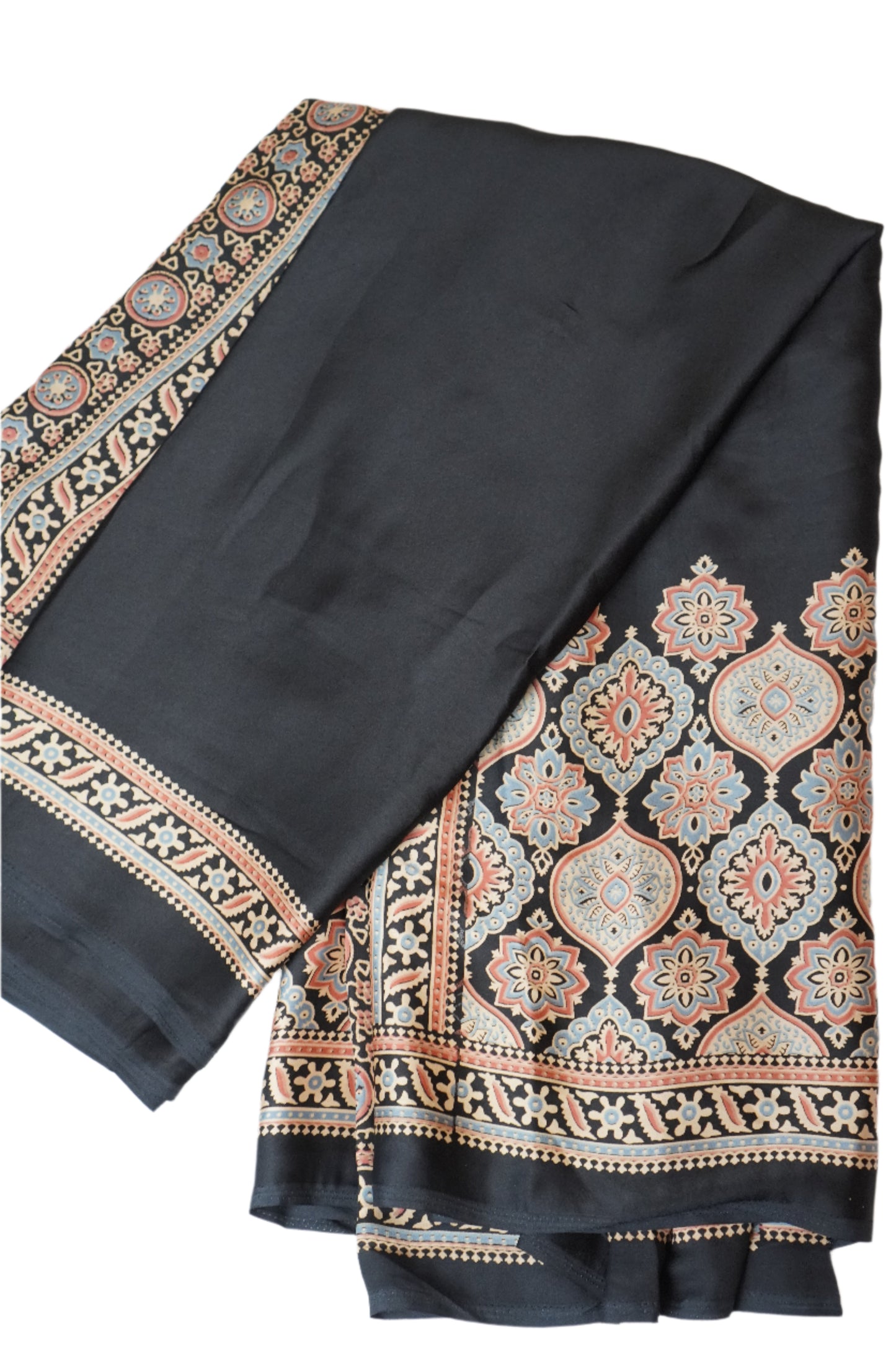 SEMI GAJJI SOFT BLACK SILK SAREE WITH AJRAKH BLOUSE