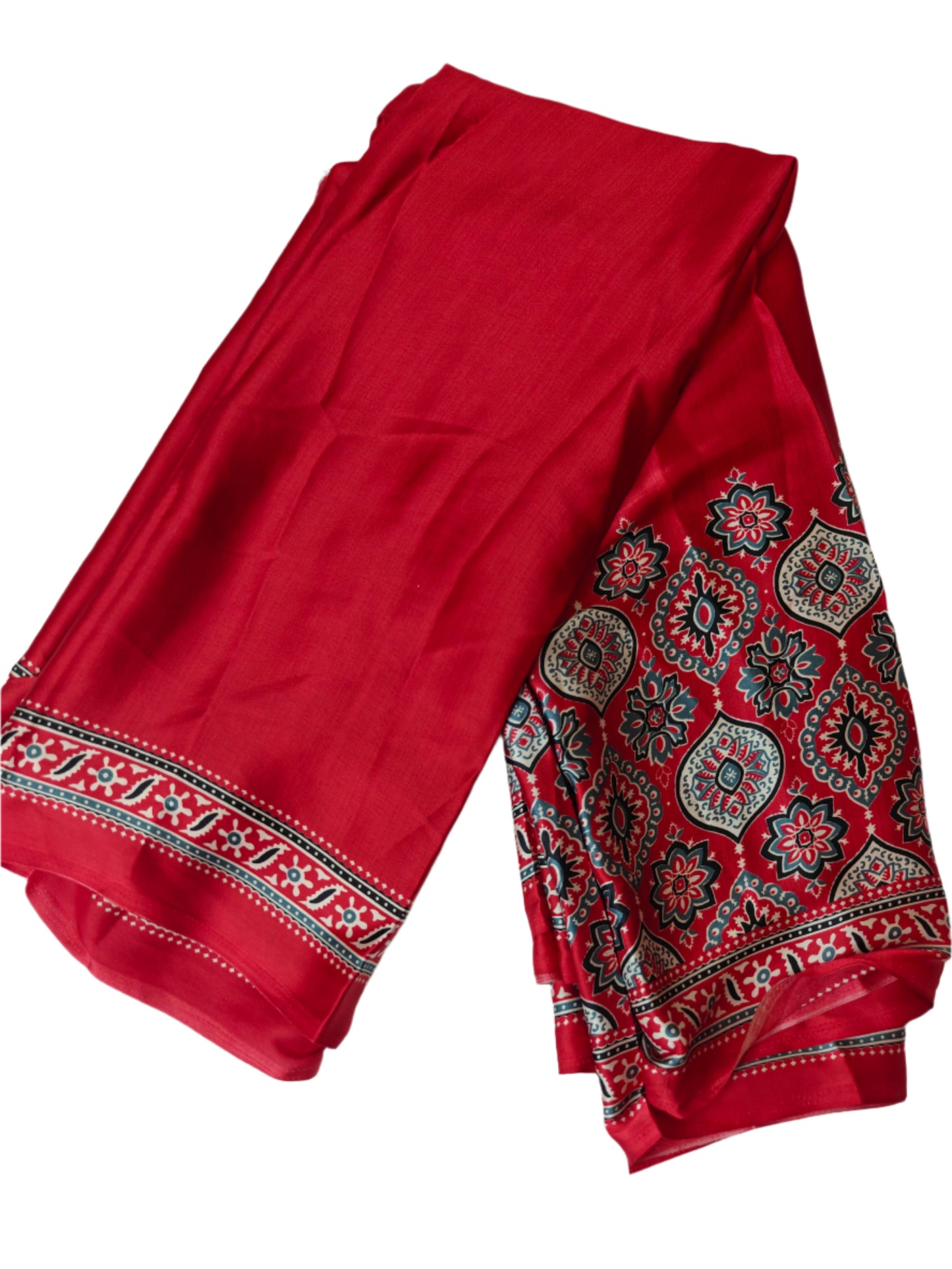 SEMI GAJJI SOFT RED SILK SAREE WITH AJRAKH BLOUSE