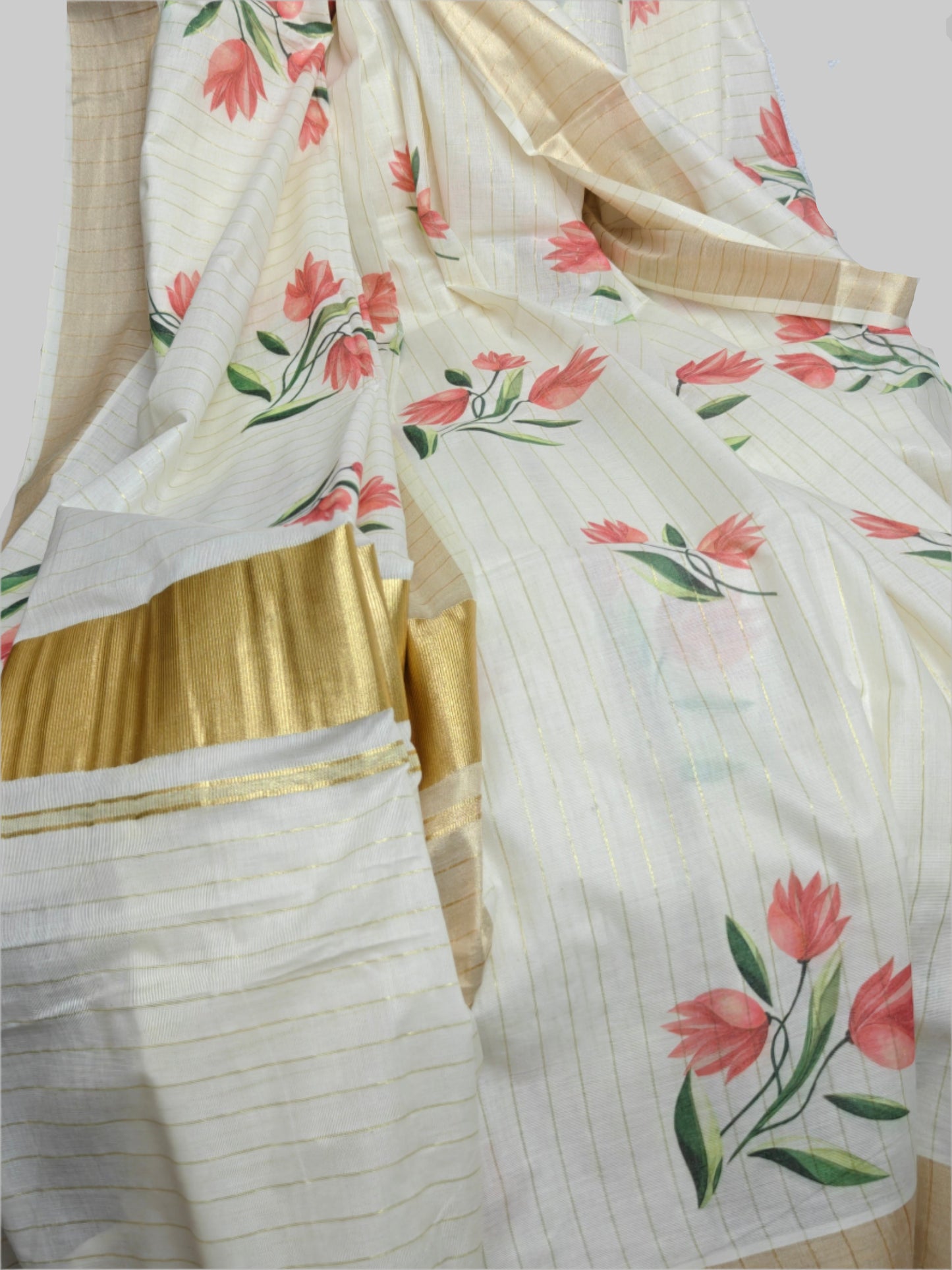 ROSE GLOW KERALA TISSUE KASAVU SAREE WITH ROSE FLORAL PRINT & GOLDEN BORDER