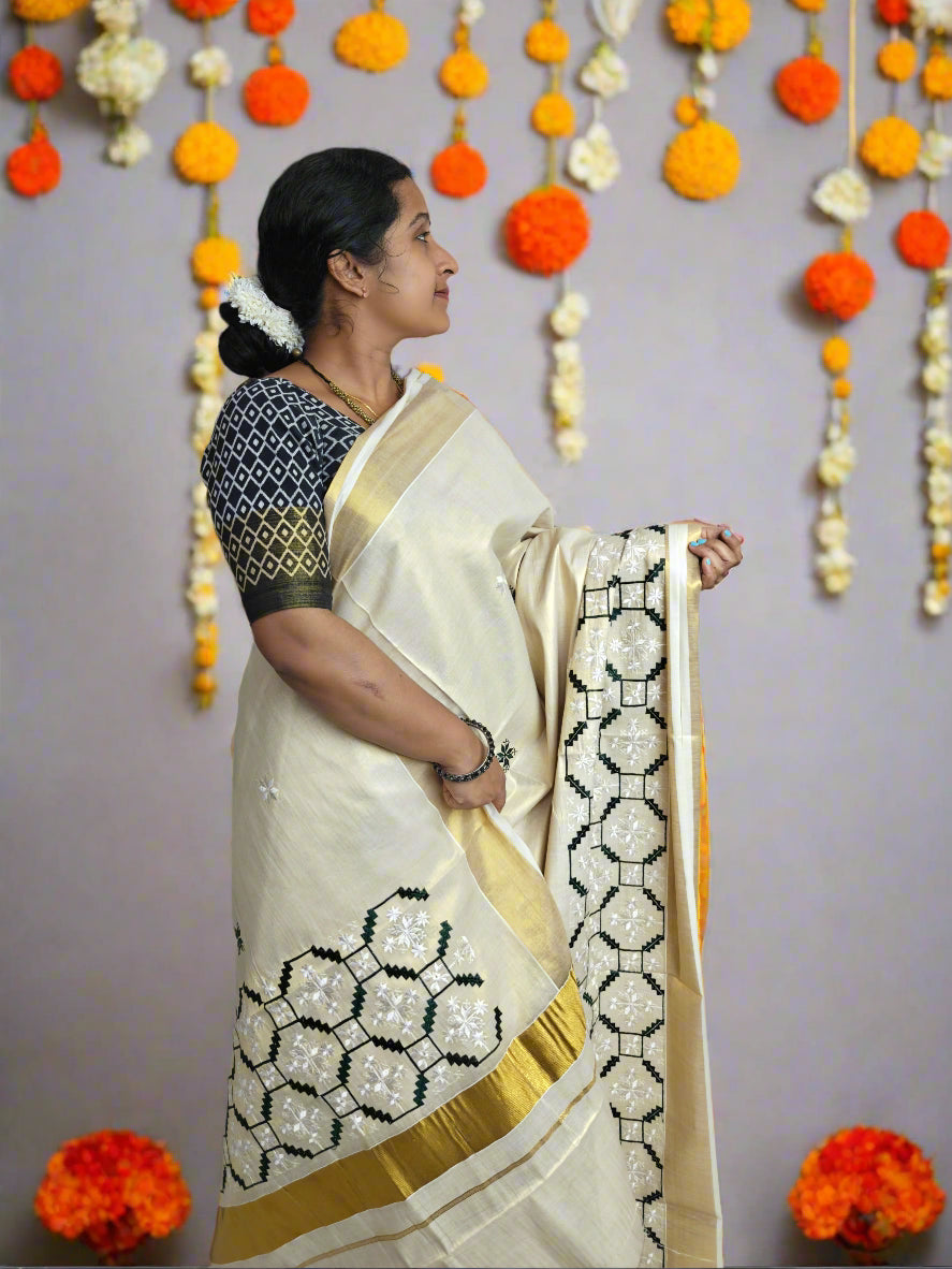 IVORY MOSAIC EMBROIDERED KERALA KASAVU SAREE WITH GOLDEN BORDER