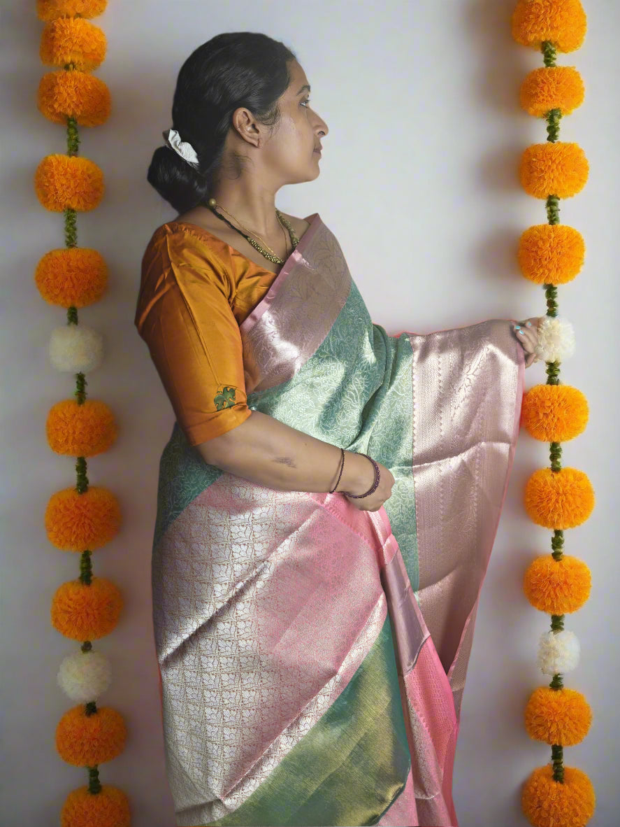 GREEN KATAN BANARAS TISSUE SILK SAREE