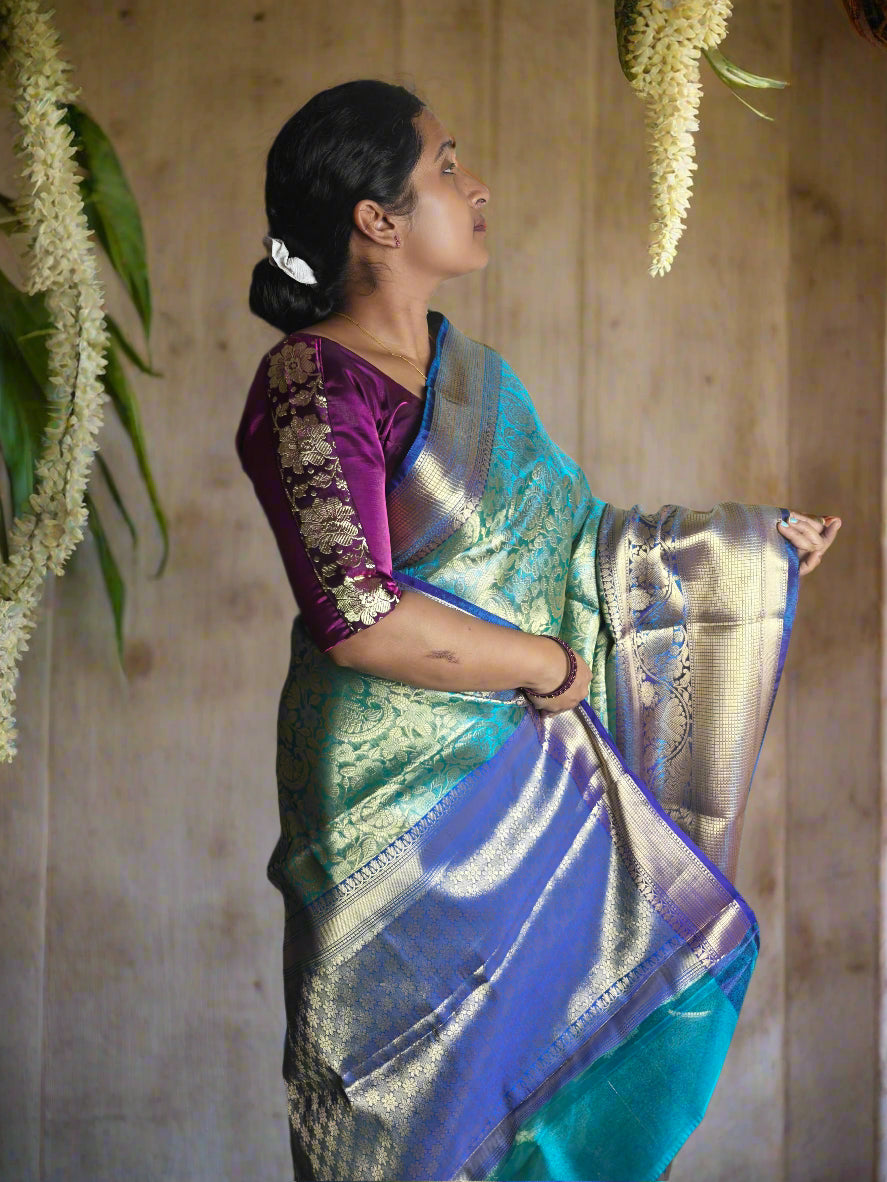 PEACOCK BLUE BANARASI SOFT SILK SAREE WITH ZARI WEAVING