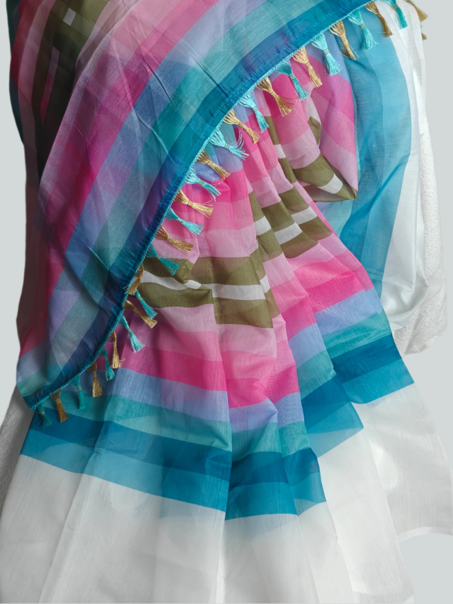 RAINBOW WHITE MUL COTTON SAREE WITH DIGITAL PRINT, PALLU WITH FUMKA