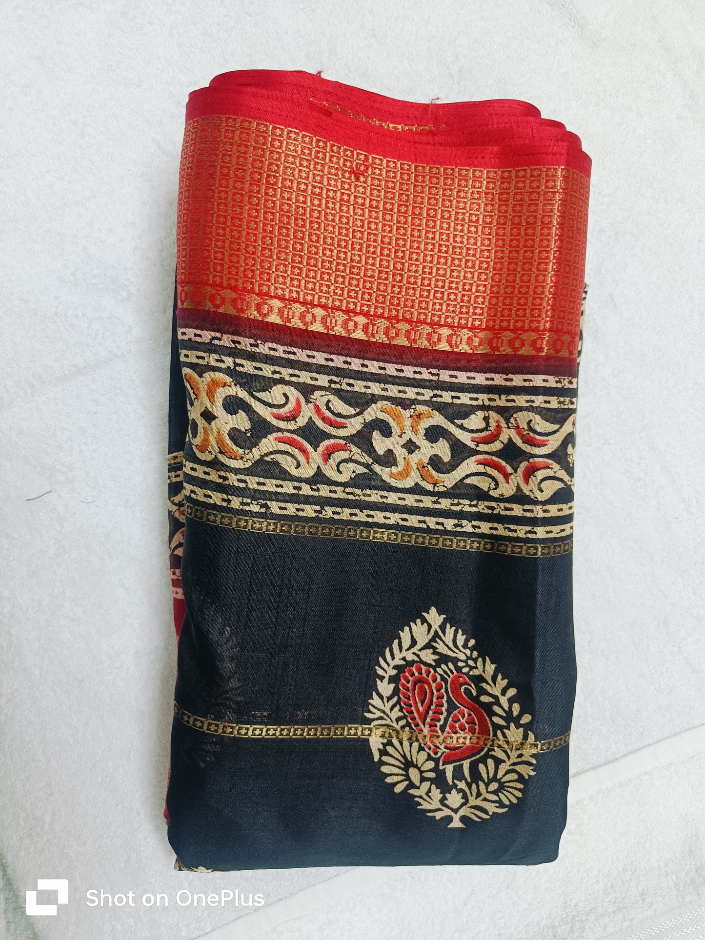 BLACK DOLA SILK SAREE WITH RED ZARI BORDER