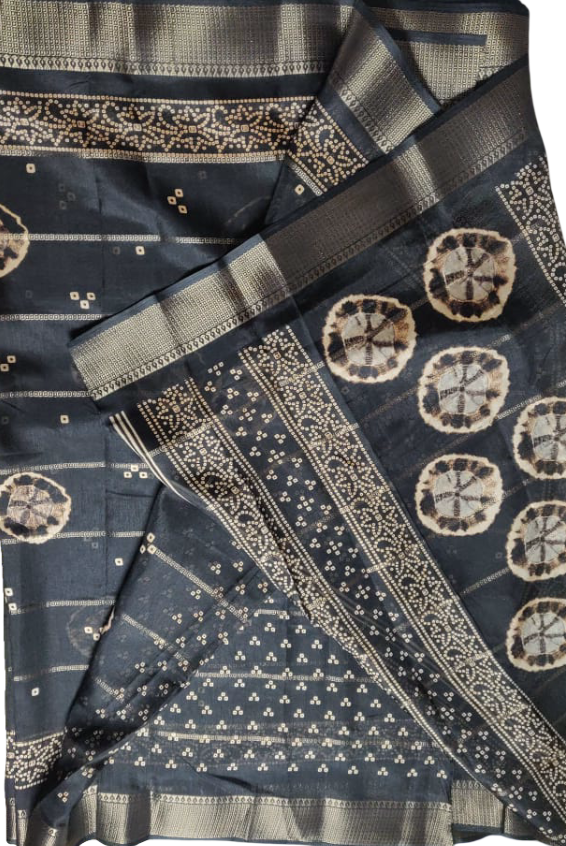 BLACK DOLA SILK SAREE WITH ZARI STRIPES ALL OVER BODY