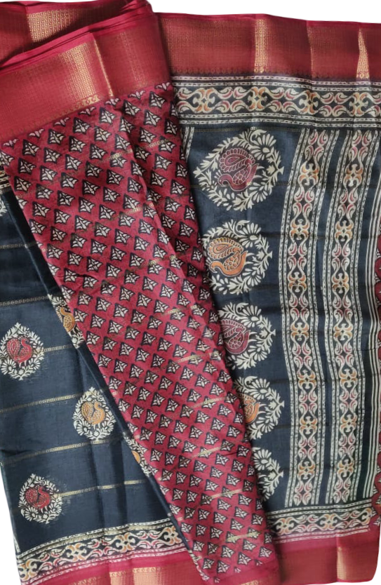 BLACK DOLA SILK SAREE WITH RED ZARI BORDER