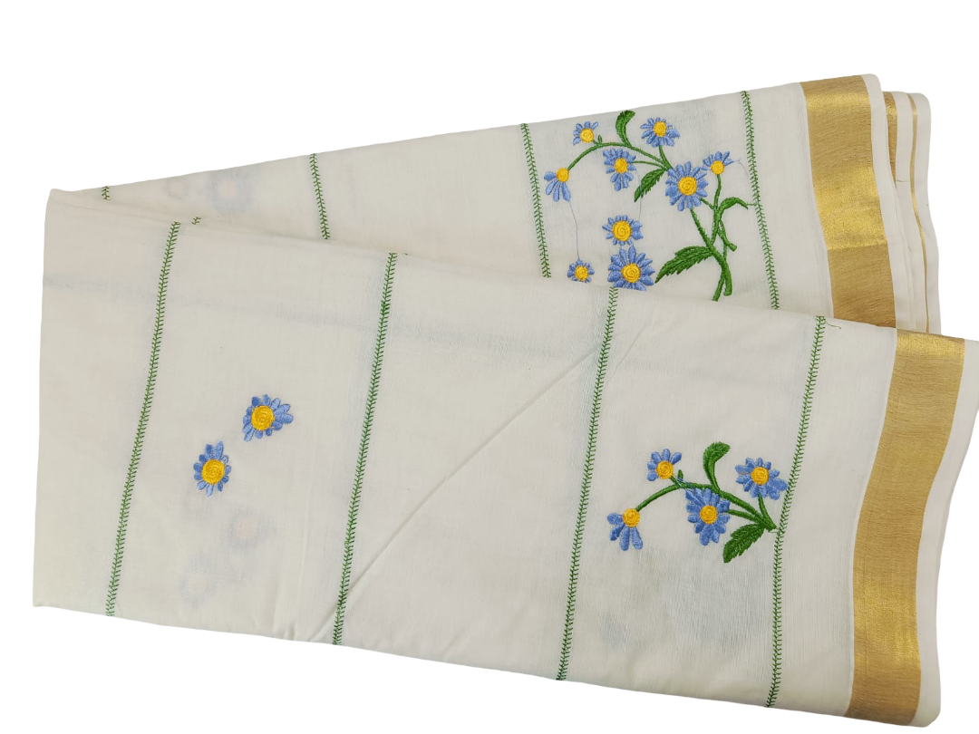 KERALA SAREE WITH FLORAL EMBROIDERY