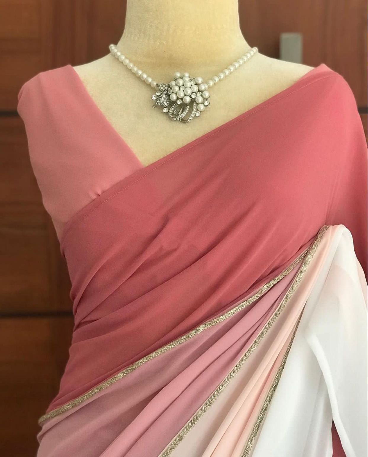 Georgette digital print coral saree with lace