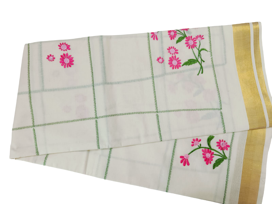 KERALA SAREE WITH FLORAL EMBROIDERY