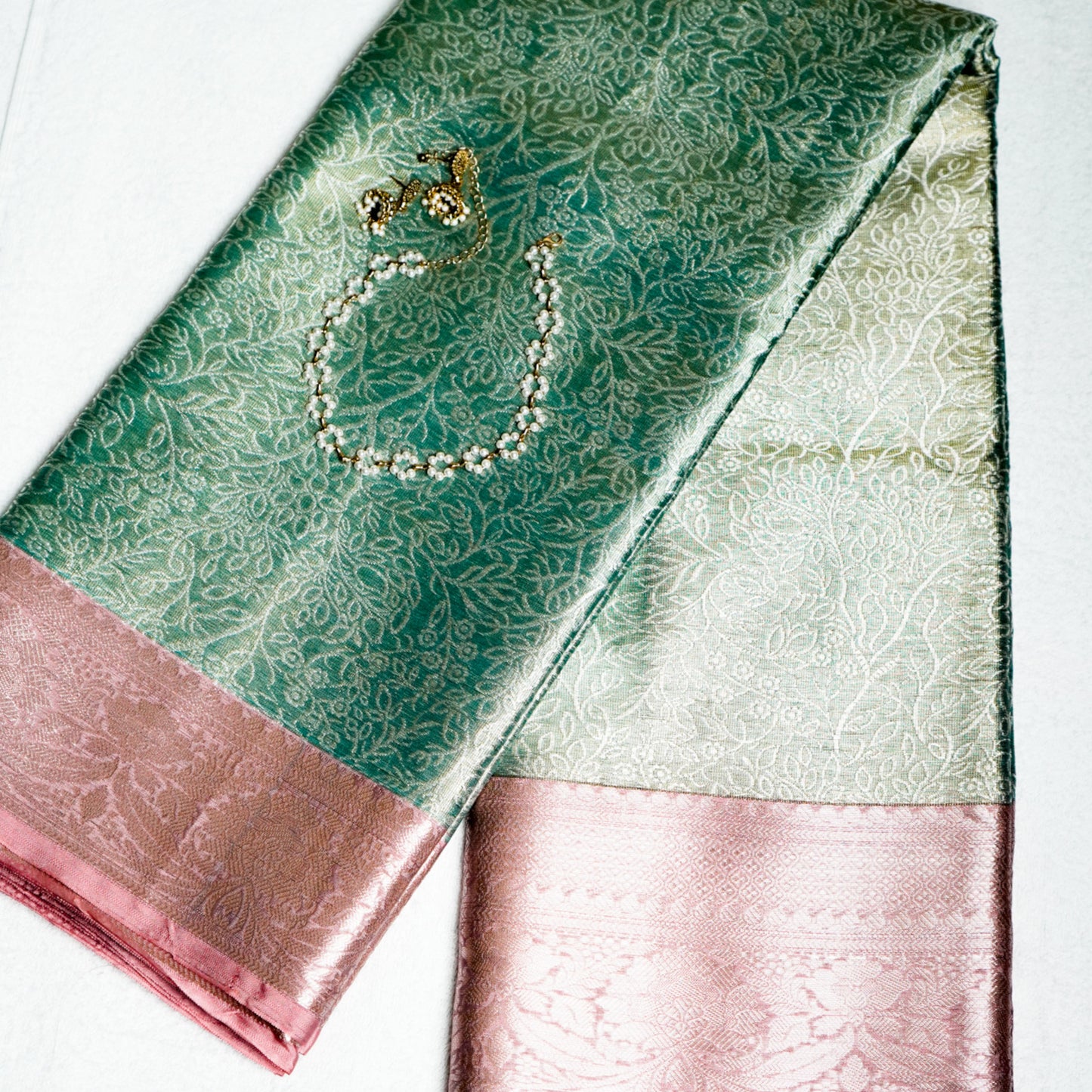GREEN KATAN BANARAS TISSUE SILK SAREE