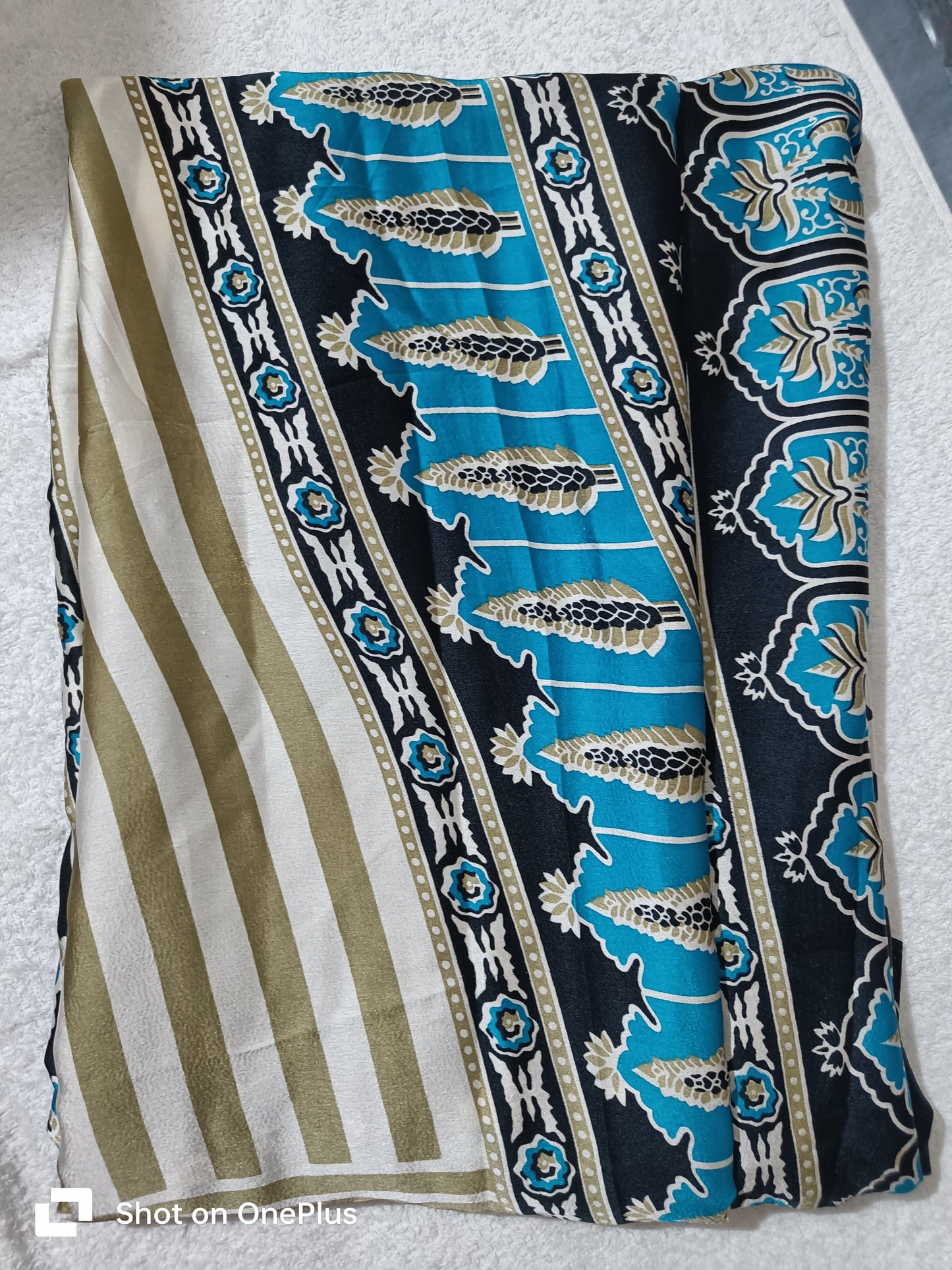 SOFT SEMI GAJJI BLUE SILK SAREE WITH AJRAKH PALLU, STRIPED BODY & AJRAKH BORDERS