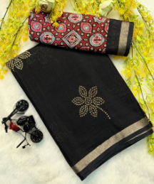 MULMUL COTTON BANDHEJ FLOWER BLACK SAREE WITH AJRAKH PALLU