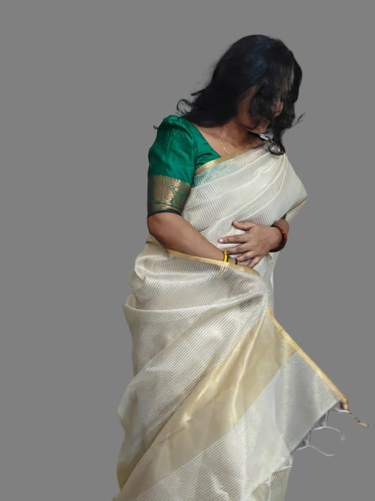 PREMIUM ORGANZA SILK SAREE WITH GOLDEN ZARI STRIPES