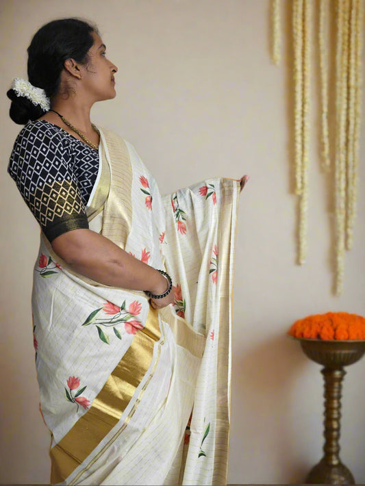 Rosé Glow Kerala Tissue Kasavu Saree with Rose Floral Print & Golden Border