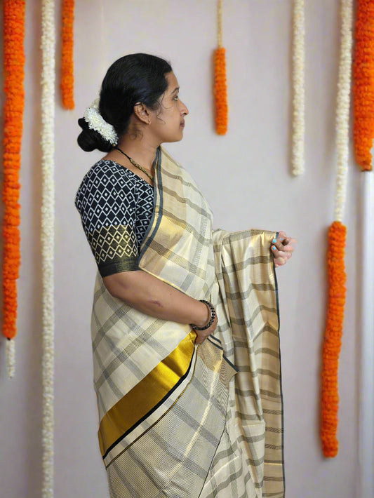 Classic Checked Kerala Kasavu Saree with Golden & Black Border