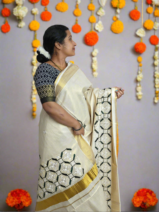 Ivory Mosaic Embroidered Kerala Kasavu Saree with Golden Border