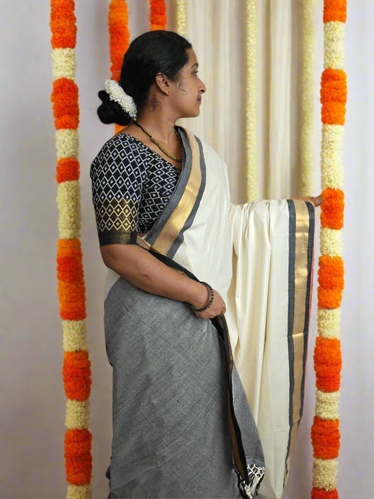 Black Pallu Kerala Saree with Golden Zari Border and Matching Black Blouse