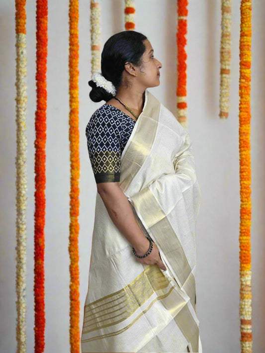 Kerala Kasavu Saree with All-Over Gold Thread Weaving