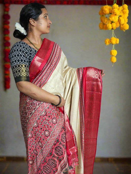 Ajrakh Pallu Semi Gajji Saree with Elegant Zari Border