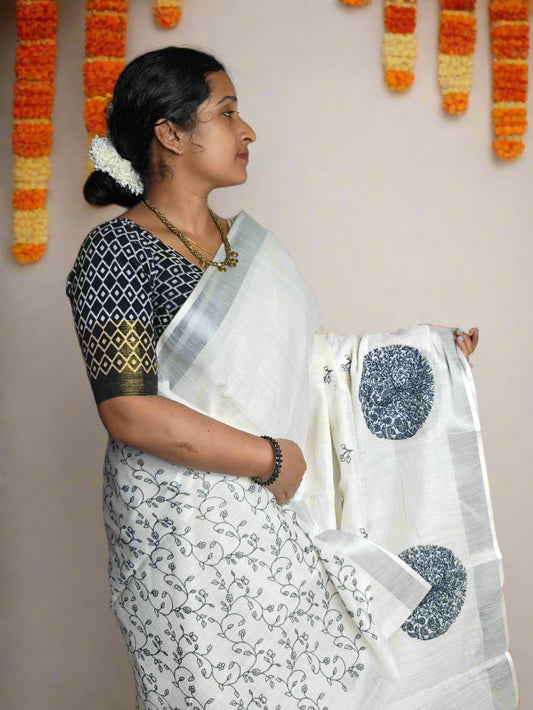 Linen Cotton White Saree with Black Digital Print
