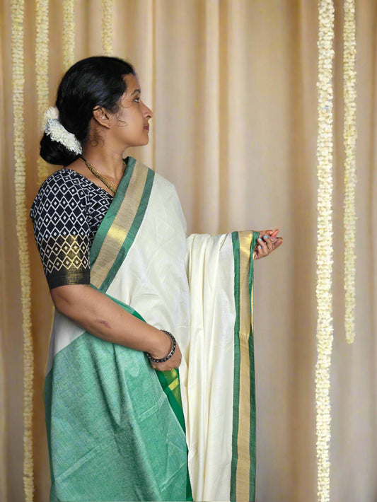 Green Pallu Kerala Saree with Golden Zari Border and Matching Green Blouse