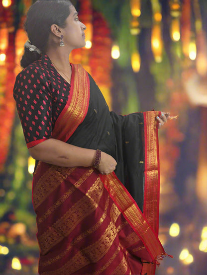Black with Red Kalyani Cotton Saree