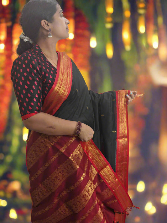 Black with Red Kalyani Cotton Saree
