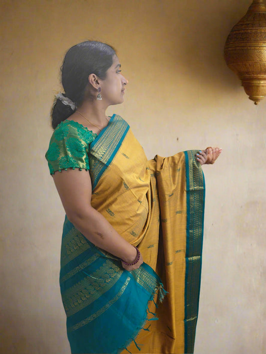 Yellow with Green Border Kalyani Cotton Saree