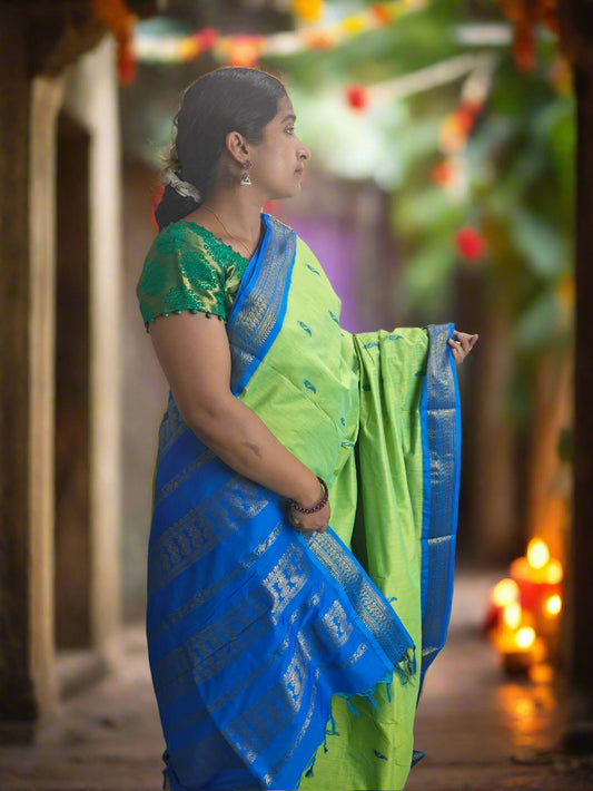 Green With Blue Kalyani Cotton Saree