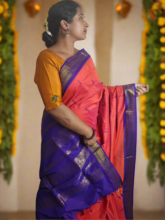 Red With Violet Kalyani Cotton Saree
