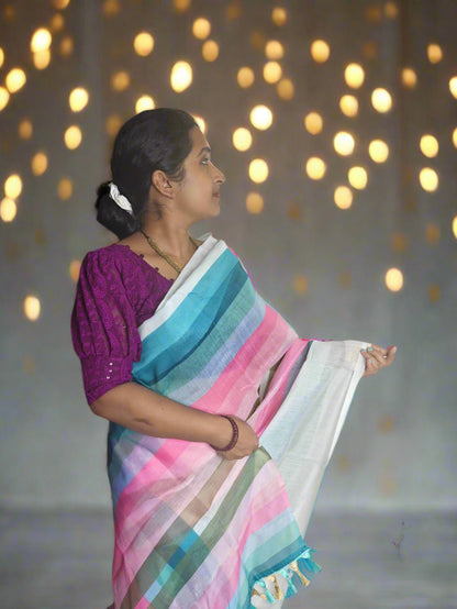 RAINBOW WHITE MUL COTTON SAREE WITH DIGITAL PRINT, PALLU WITH FUMKA