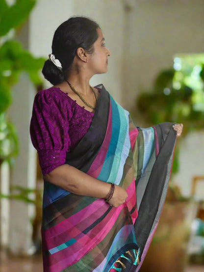 RAINBOW BLACK MUL COTTON SAREE WITH DIGITAL PRINT, PALLU WITH FUMKA