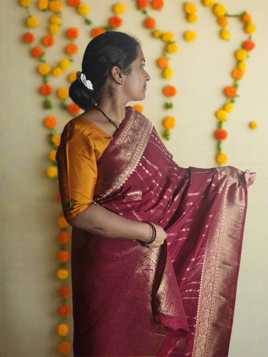 MAROON BANARASI SOFT SILK SAREE