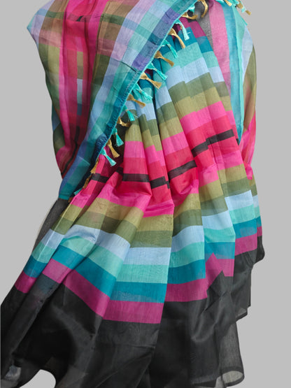 RAINBOW BLACK MUL COTTON SAREE WITH DIGITAL PRINT, PALLU WITH FUMKA