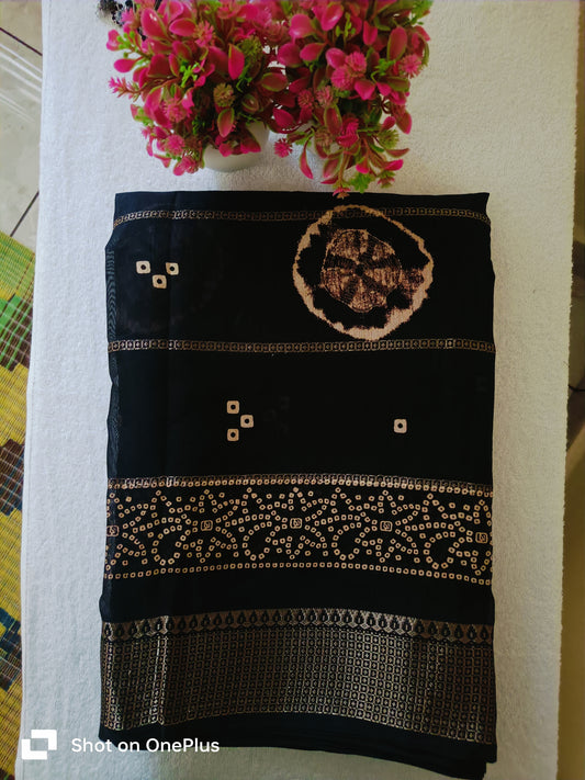 BLACK DOLA SILK SAREE WITH ZARI STRIPES ALL OVER BODY
