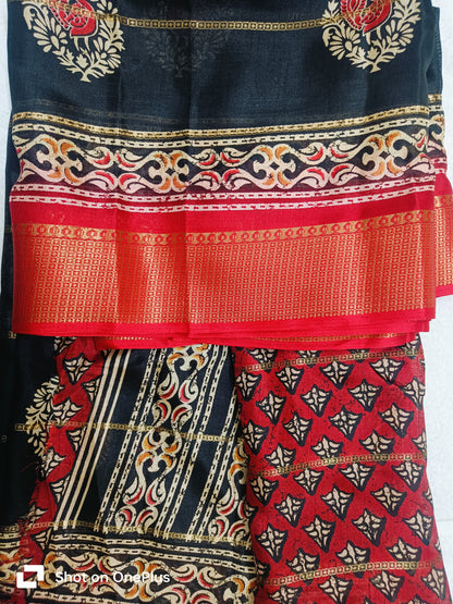 BLACK DOLA SILK SAREE WITH RED ZARI BORDER