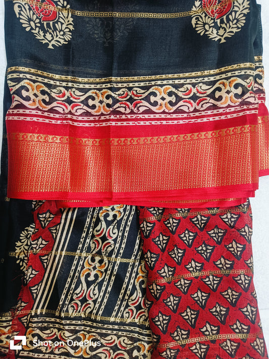 BLACK DOLA SILK SAREE WITH RED ZARI BORDER