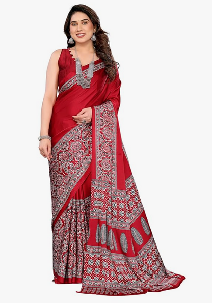 SEMI GAJJI SOFT RED SILK SAREE WITH AJRAKH BLOUSE