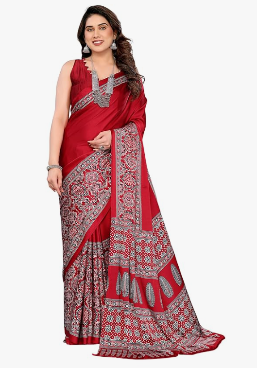 Semi Gajji Soft Red Silk Saree with Ajrakh blouse