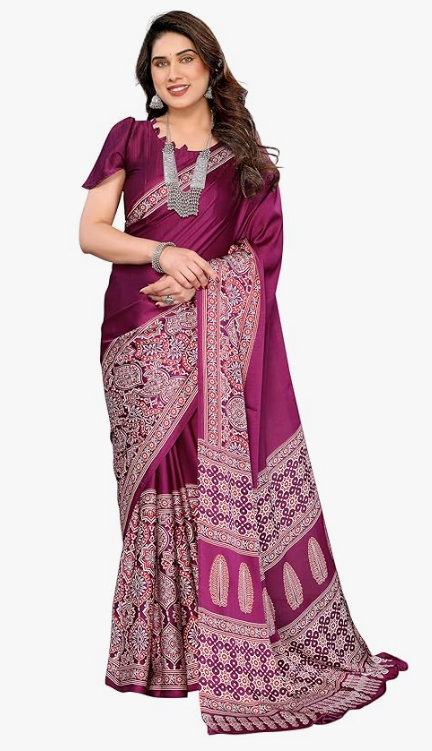 Semi Gajji Soft Purple Silk Saree with Ajrakh blouse