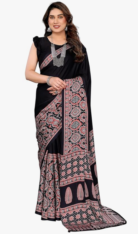 Semi Gajji Soft Black Silk Saree with Ajrakh blouse