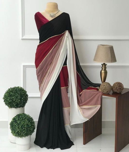 Georgette digital print black saree with lace