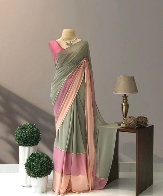 Georgette digital print olive saree with lace