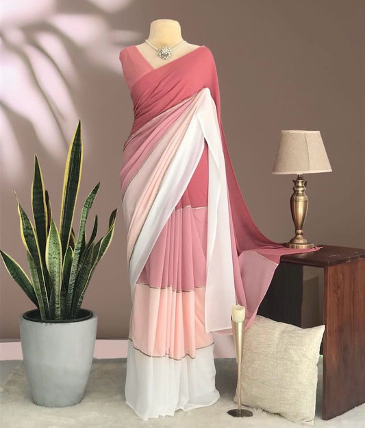 Georgette digital print coral saree with lace