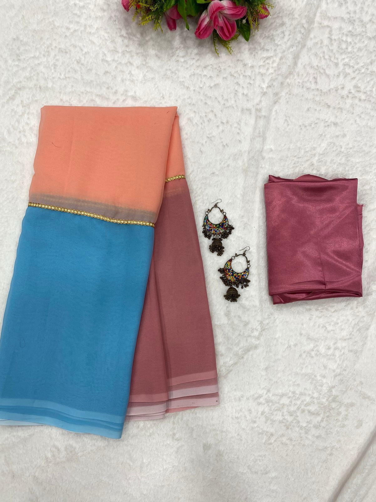 GEORGETTE DIGITAL PRINT BLUE SAREE WITH LACE
