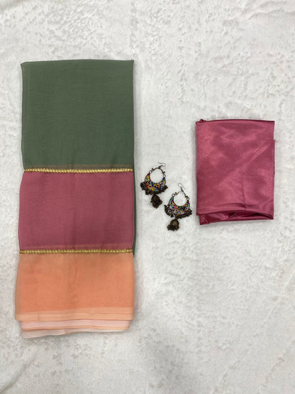 Georgette digital print olive saree with lace