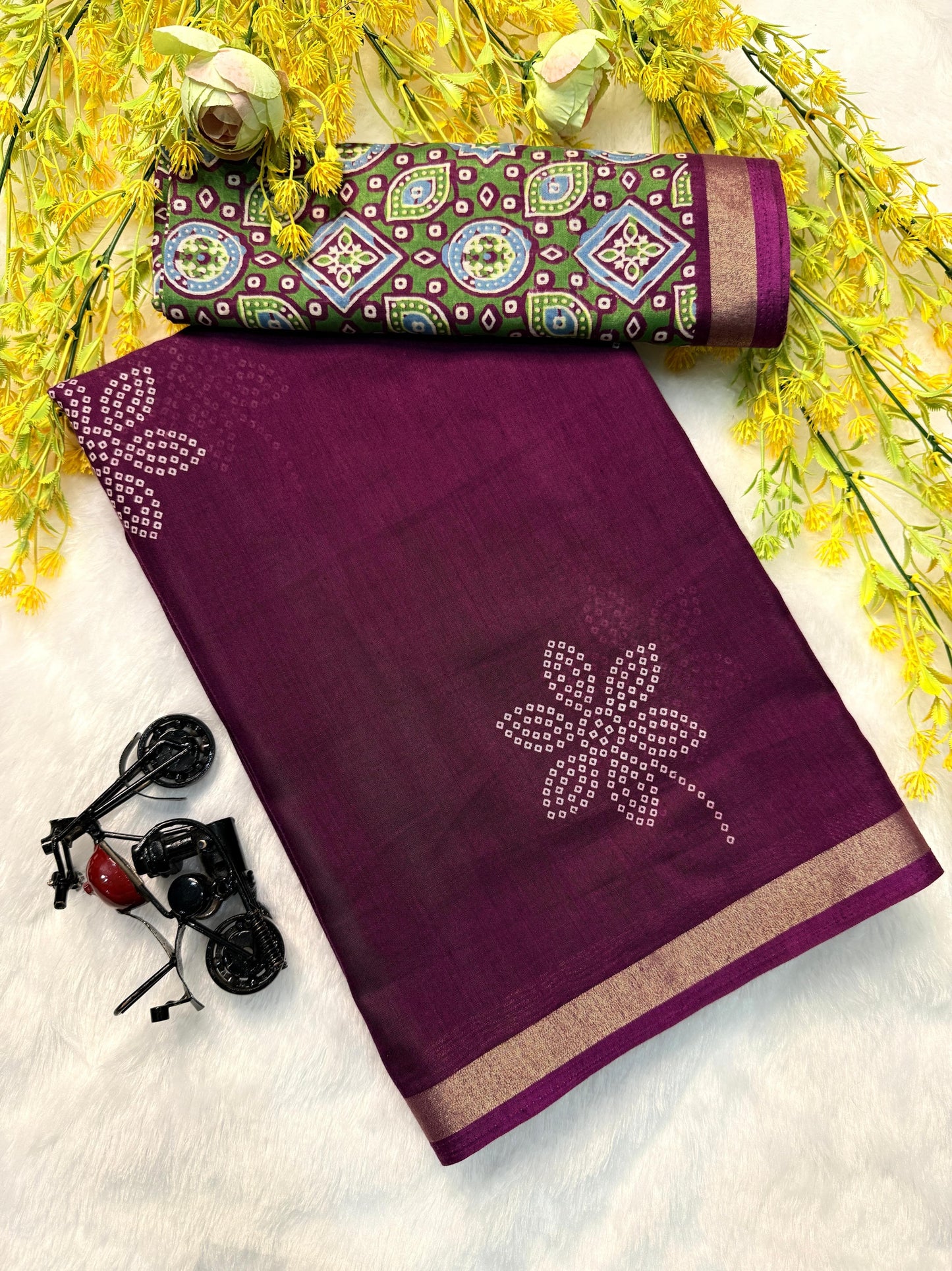 MULMUL COTTON BANDHEJ FLOWER MAGENTA SAREE WITH AJRAKH PALLU