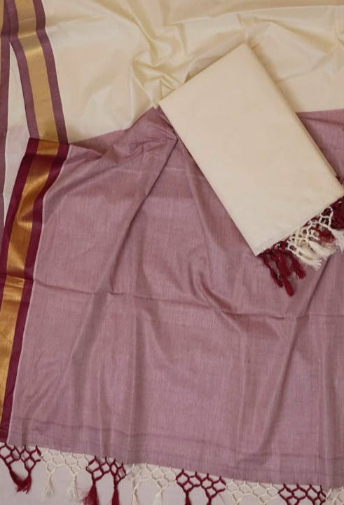 MAROON PALLU KERALA SAREE WITH GOLDEN ZARI BORDER AND MATCHING MAROON BLOUSE