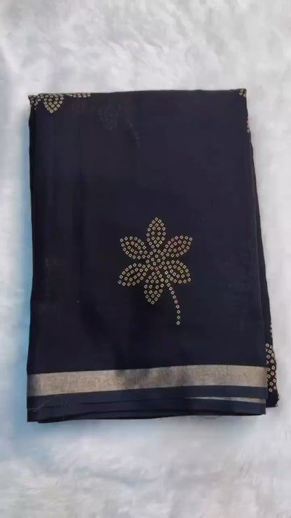 MULMUL COTTON BANDHEJ FLOWER BLACK SAREE WITH AJRAKH PALLU
